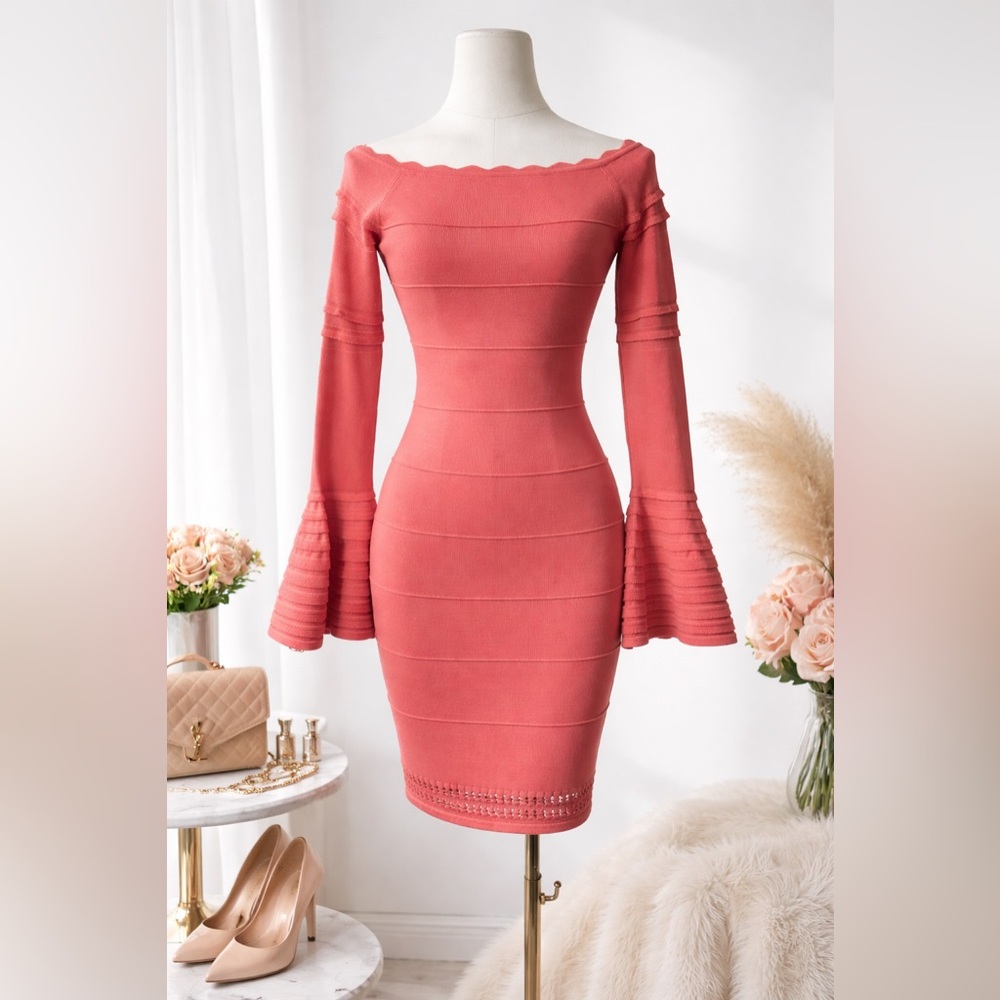 Bebe Elegant Coral Pink Bodycon Bell Sleeves Dress Size Medium